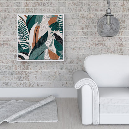 Autumn Tropical Leaves Green Brown Framed Canvas