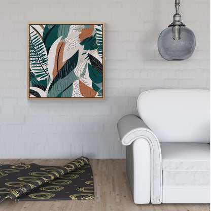 Autumn Tropical Leaves Green Brown Framed Canvas
