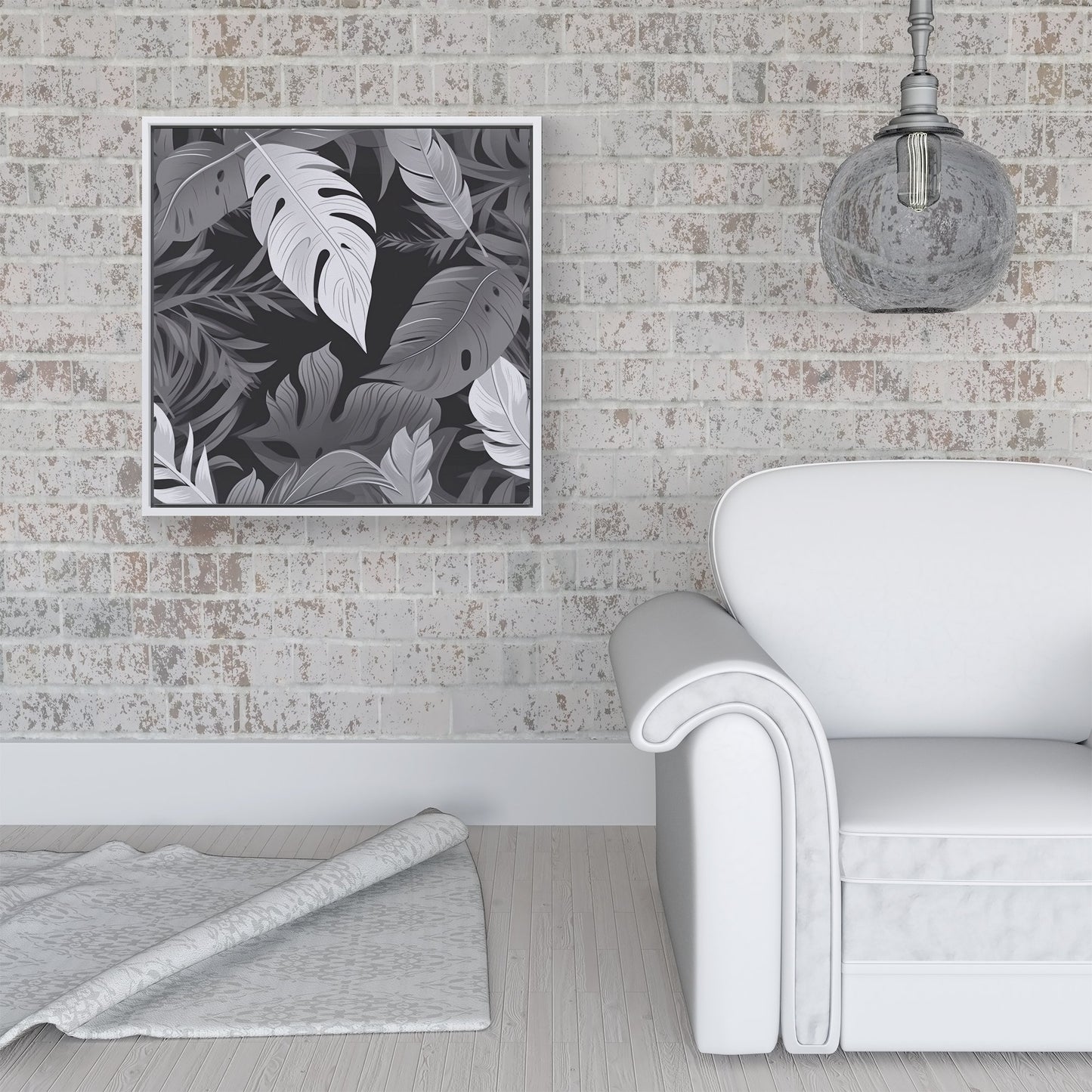 Black White Tropical Leaves Framed Canvas