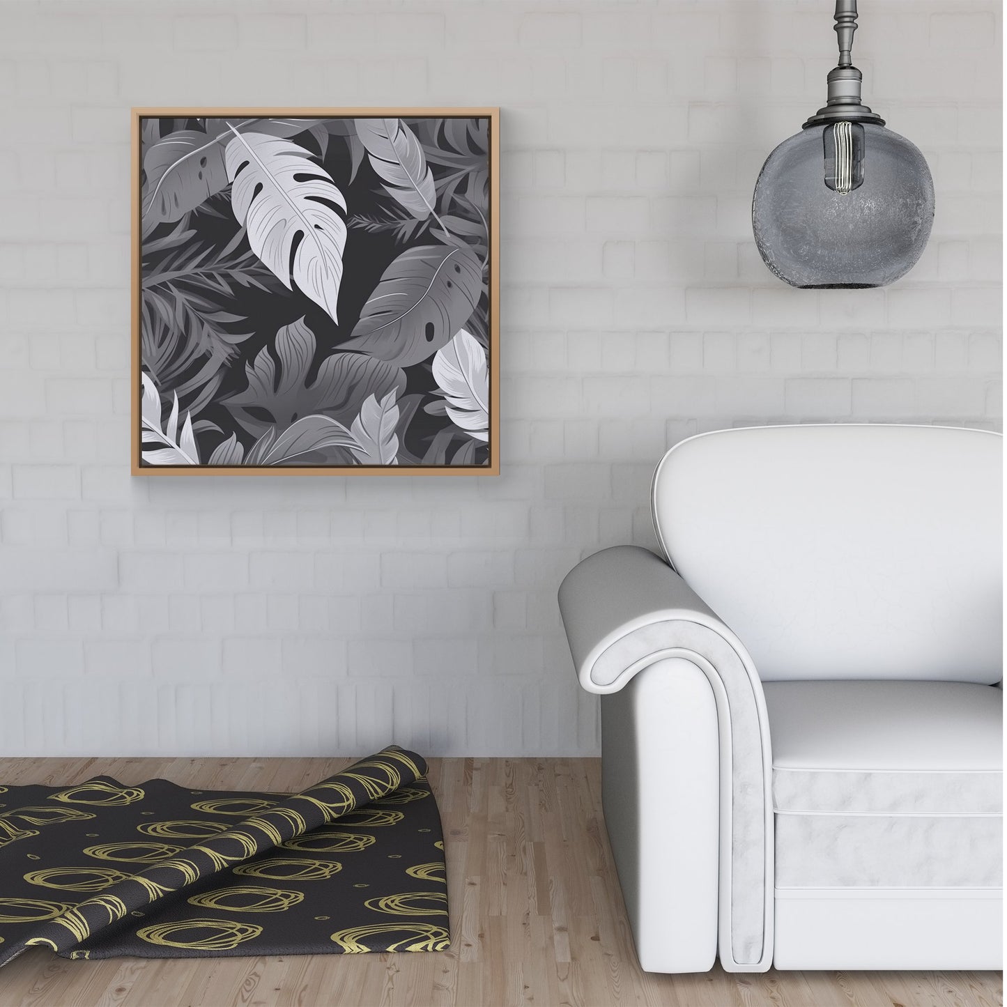 Black White Tropical Leaves Framed Canvas