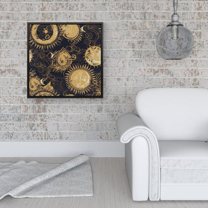 Moon and Sun Gold Blue Framed Canvas