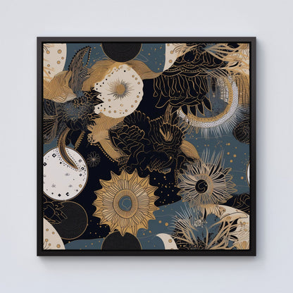 Abstract Blue Gold Moon Sun Framed Canvas