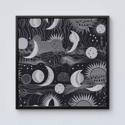 Abstract Black White Moon and Sun Framed Canvas