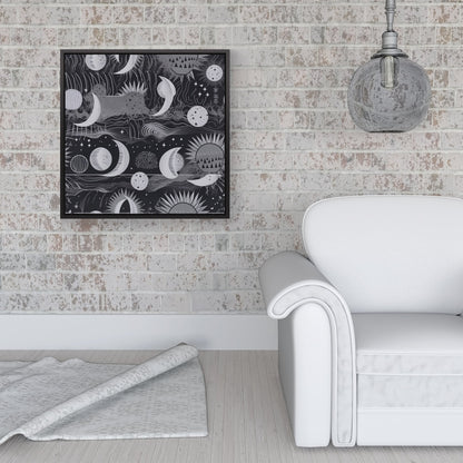 Abstract Black White Moon and Sun Framed Canvas