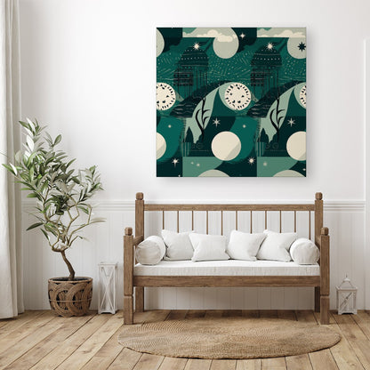Abstact Green Cream Moon and Stars Canvas