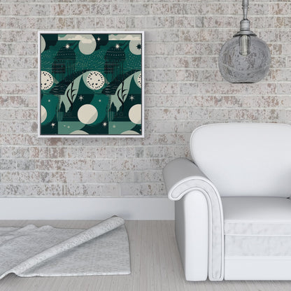 Abstact Green Cream Moon and Stars Framed Canvas
