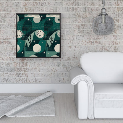 Abstact Green Cream Moon and Stars Framed Canvas