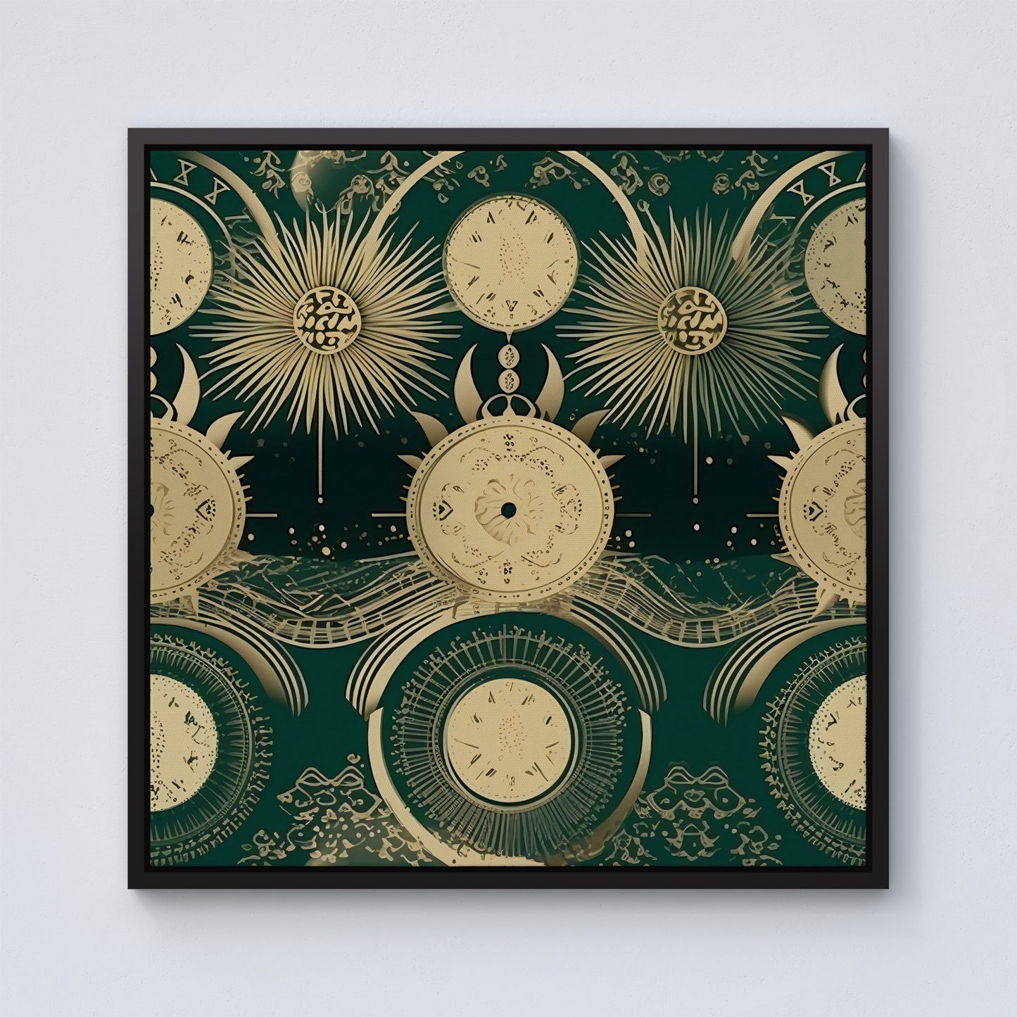 Green Moon and Sun Abstract Pattern Framed Canvas