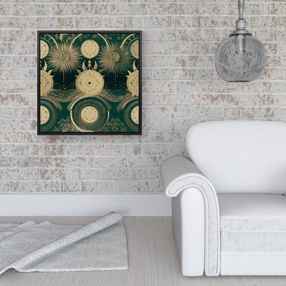 Green Moon and Sun Abstract Pattern Framed Canvas