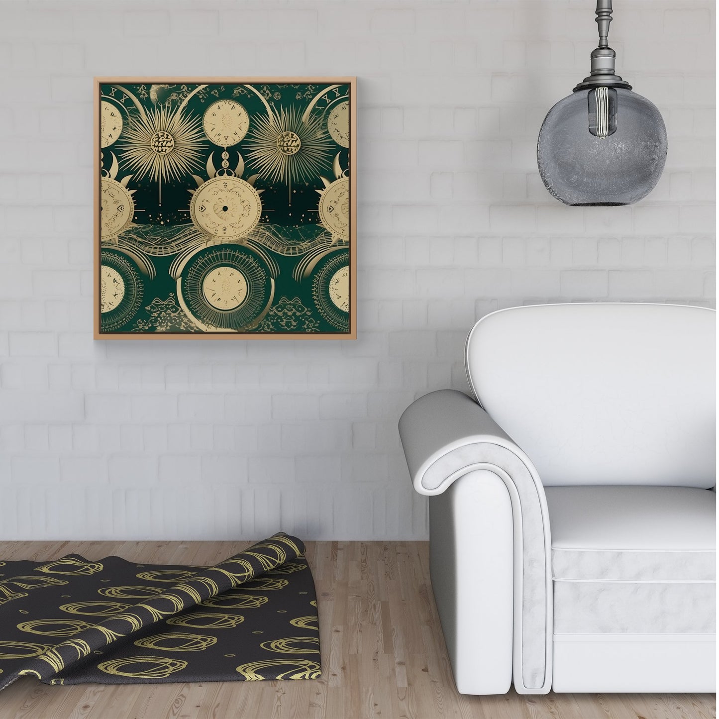 Green Moon and Sun Abstract Pattern Framed Canvas