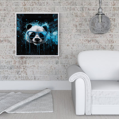 Blue Splashart Panda Face Framed Canvas