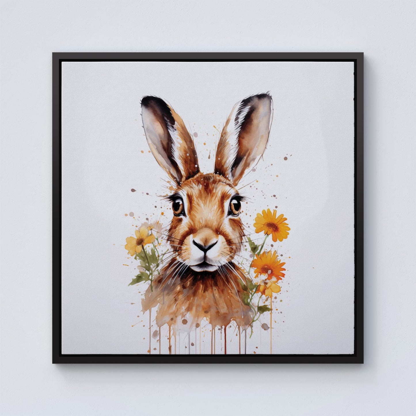 Watercolour Hare and Daisies Framed Canvas