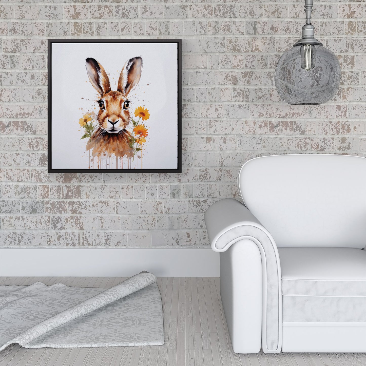 Watercolour Hare and Daisies Framed Canvas