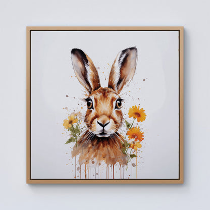 Watercolour Hare and Daisies Framed Canvas