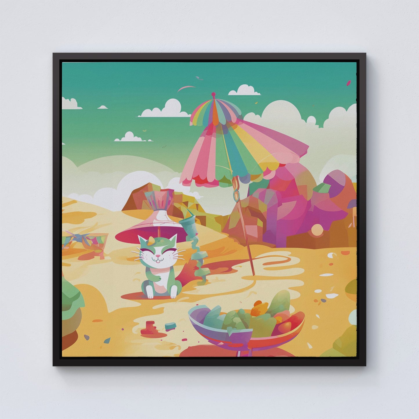 Kitten On A Beach Holiday Framed Canvas