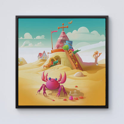 Pink Crab On A Beach Holiday Framed Canvas