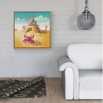 Pink Crab On A Beach Holiday Framed Canvas