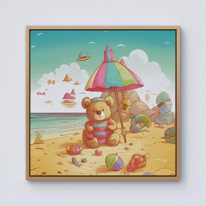 Teddy Bead On A Beach Holiday Framed Canvas
