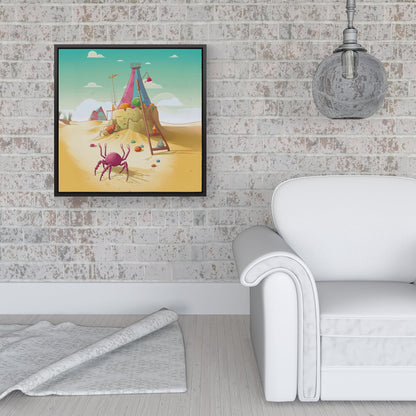 Crab On A Beach Holiday Framed Canvas