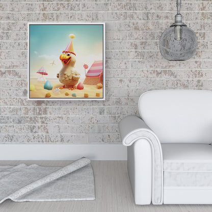 Funky Chicken On A Beach Holiday Framed Canvas
