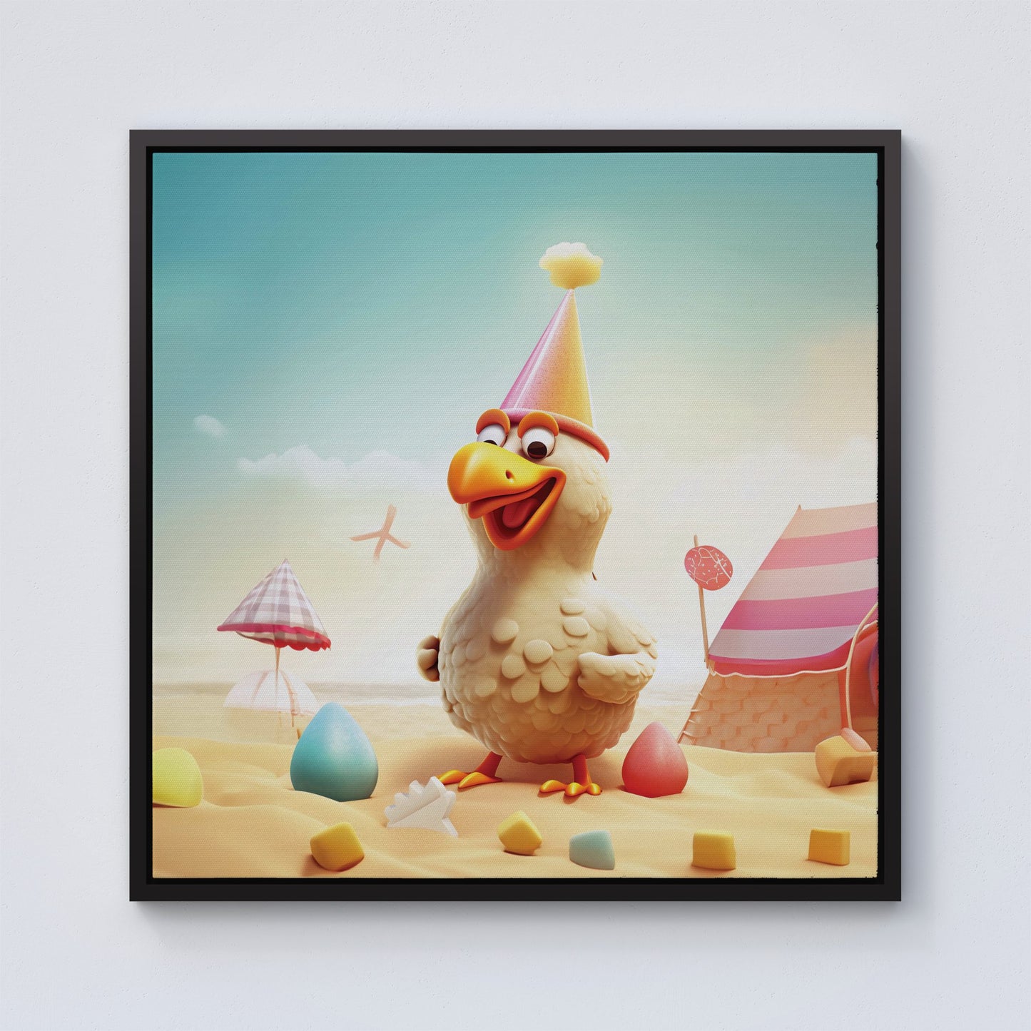 Funky Chicken On A Beach Holiday Framed Canvas