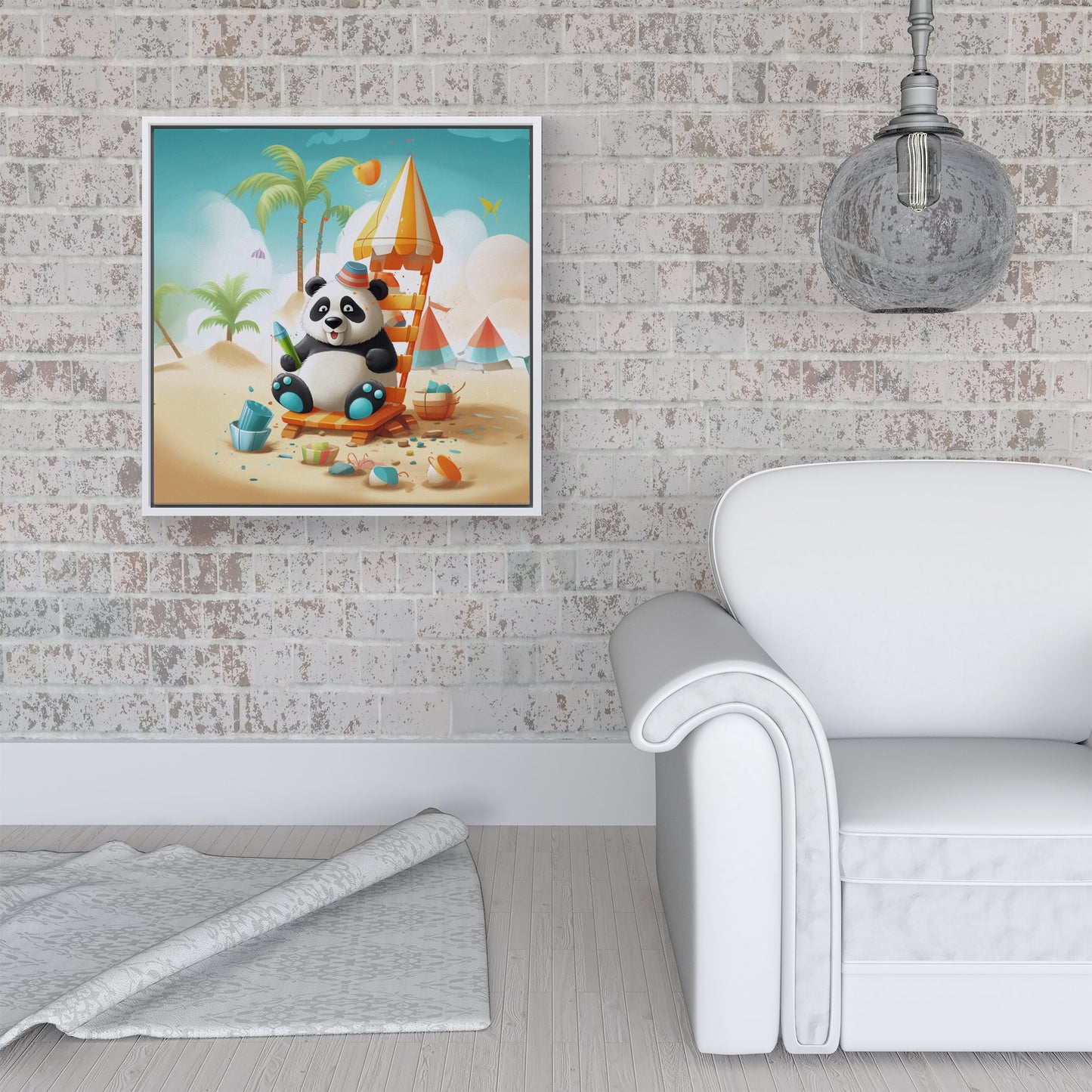 Panda On A Beach Holiday Framed Canvas