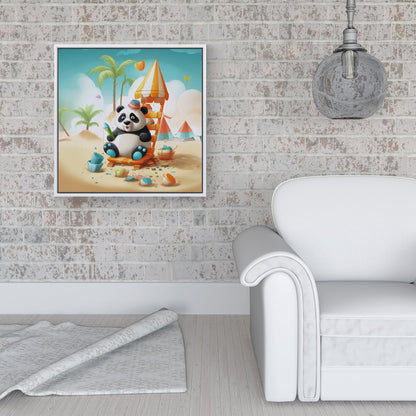 Panda On A Beach Holiday Framed Canvas
