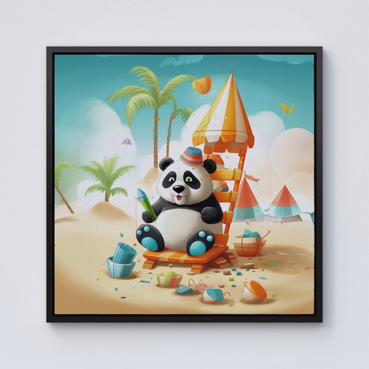 Panda On A Beach Holiday Framed Canvas