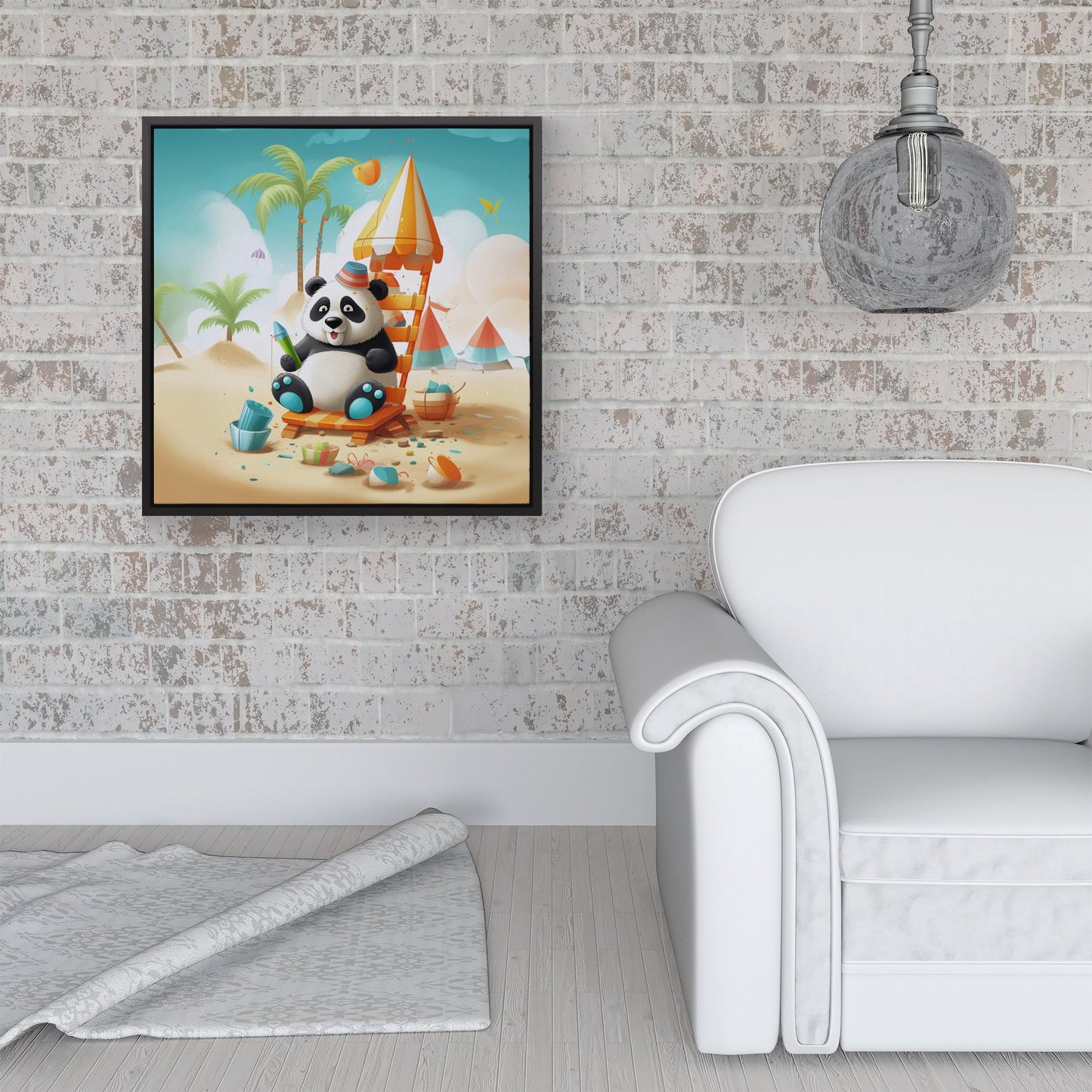 Panda On A Beach Holiday Framed Canvas