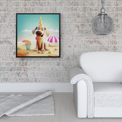 Dog On A Beach Holiday Framed Canvas