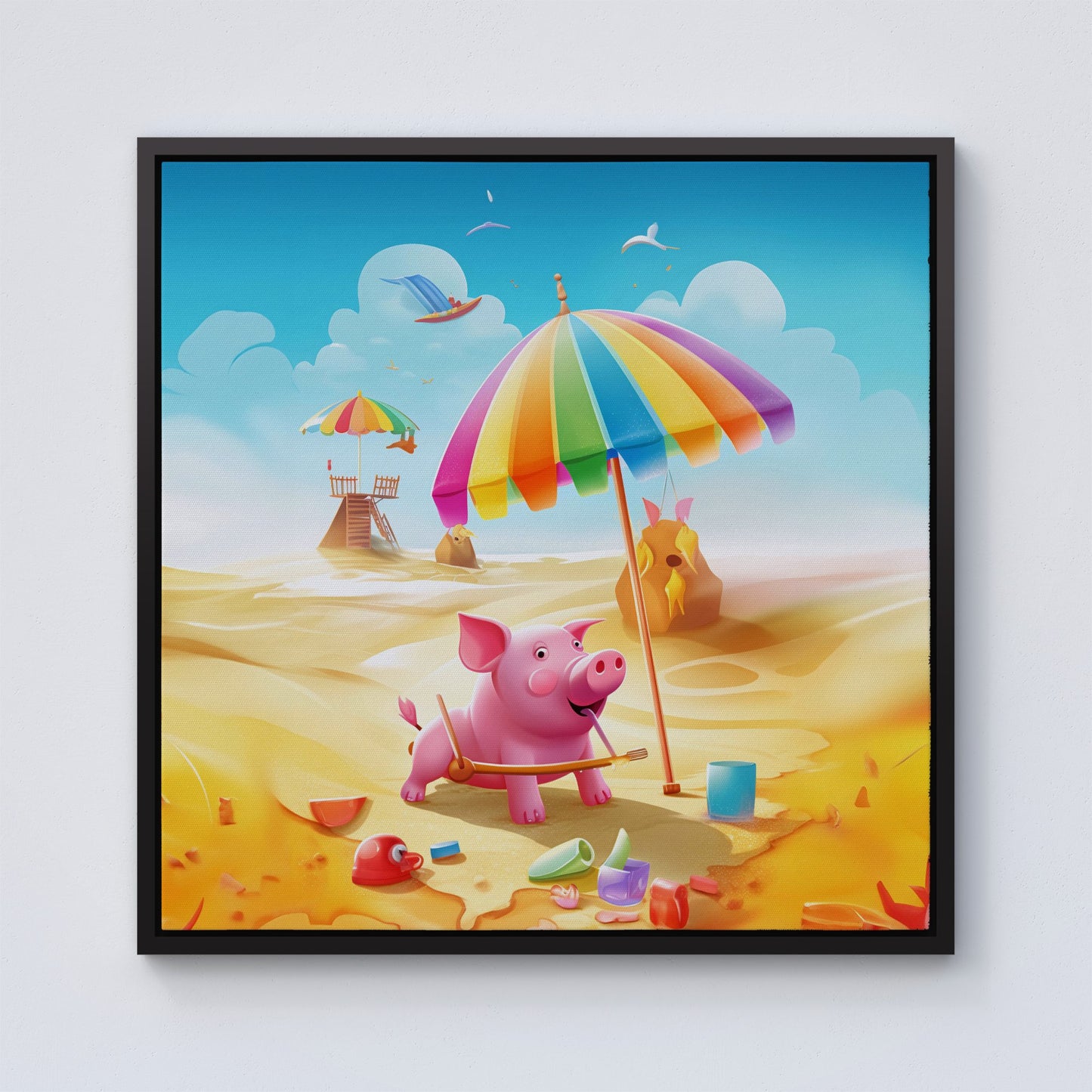 Pig On A Beach Holiday Framed Canvas