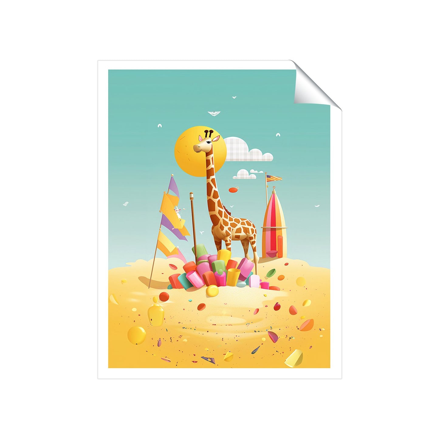 A Giraffe On A Beach Holiday Art Prints