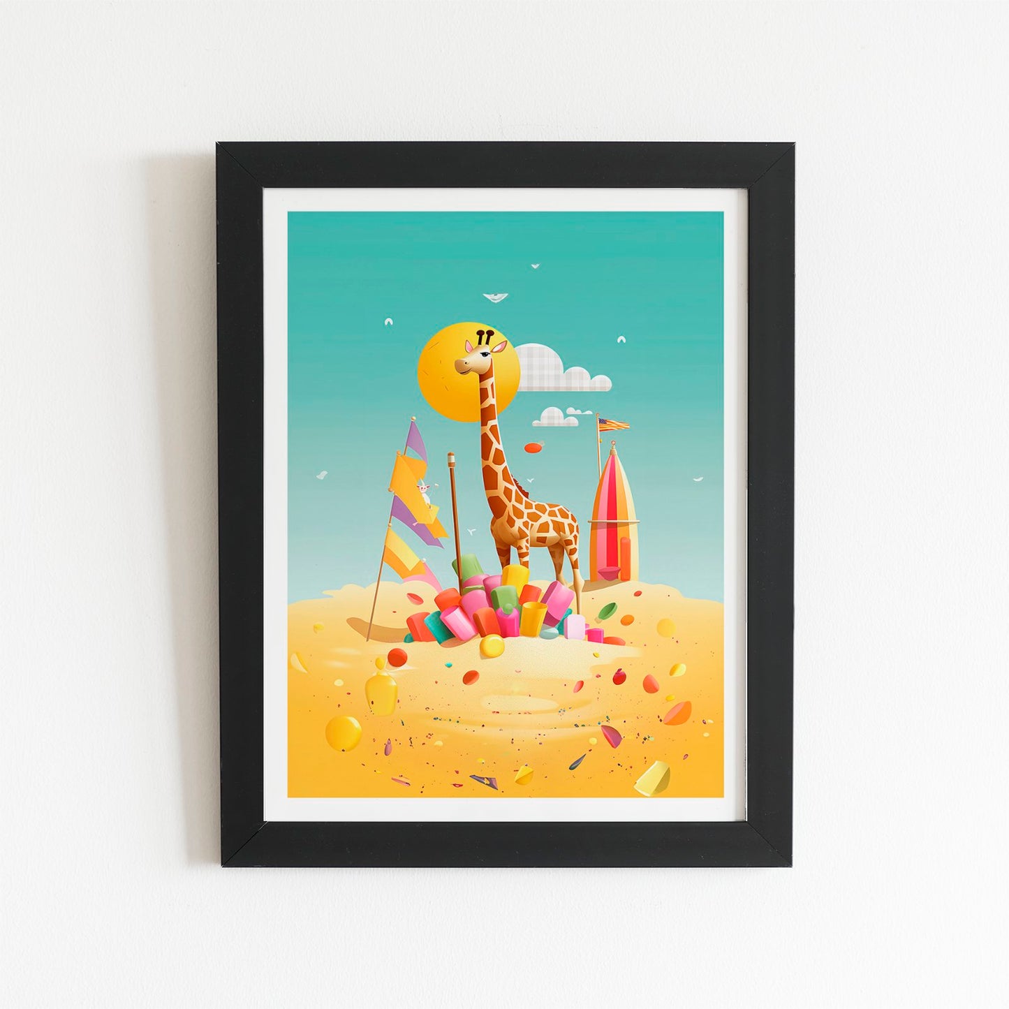 A Giraffe On A Beach Holiday Art Prints