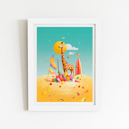 A Giraffe On A Beach Holiday Art Prints
