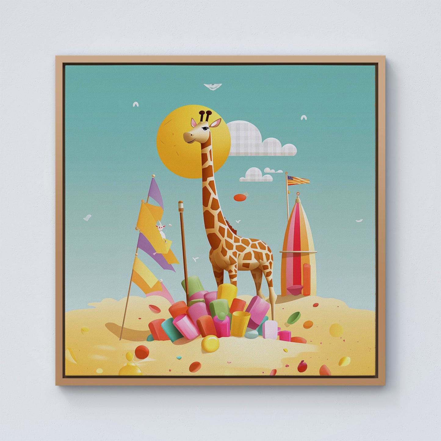 A Giraffe On A Beach Holiday Framed Canvas