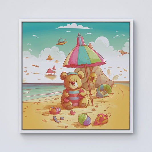 Lucky Teddy Bear On A Beach Holiday Framed Canvas