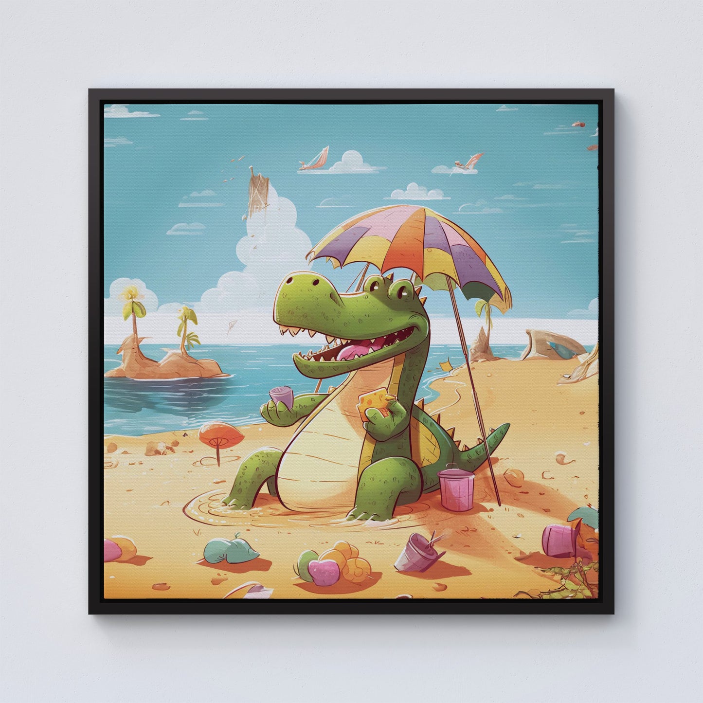 A Crocodile On A Beach Holiday Framed Canvas