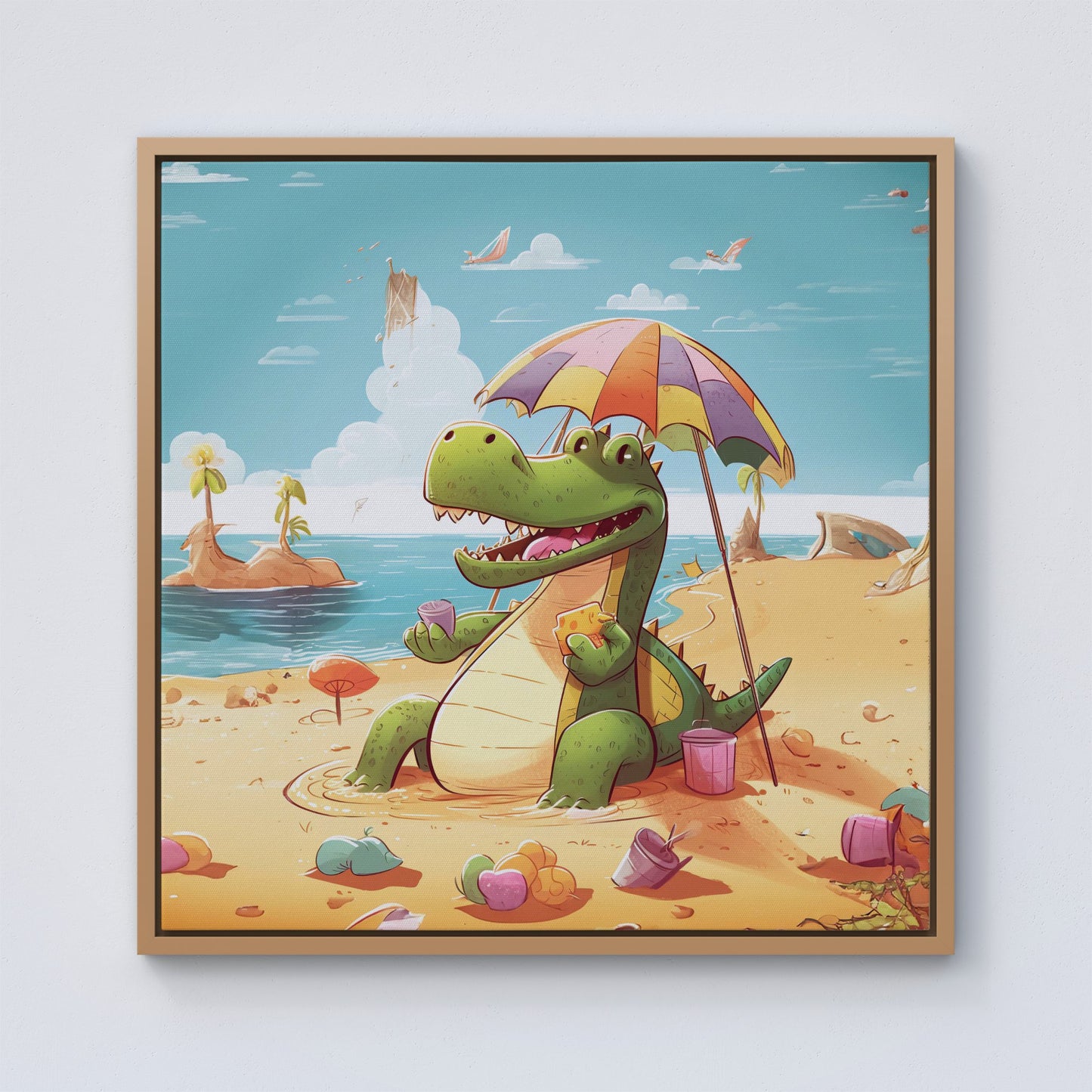 A Crocodile On A Beach Holiday Framed Canvas