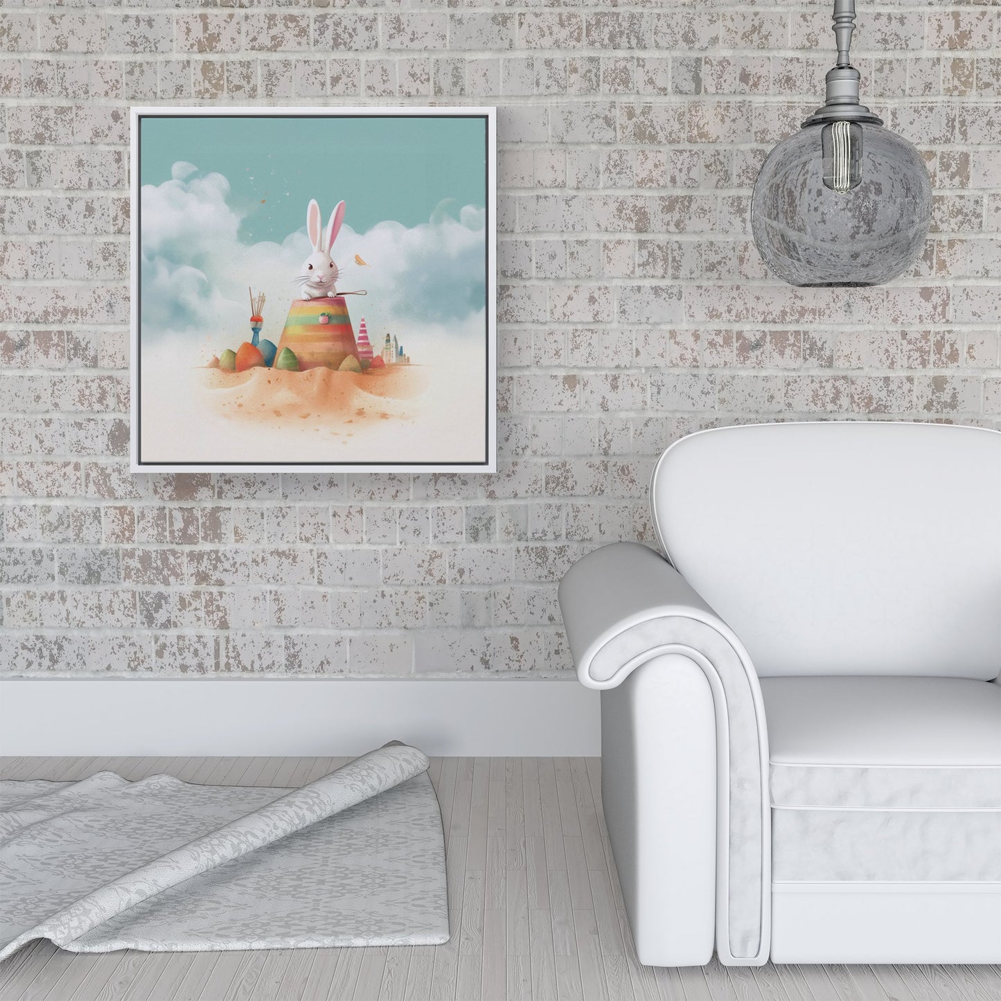 White Rabbit On A Beach Holiday Framed Canvas