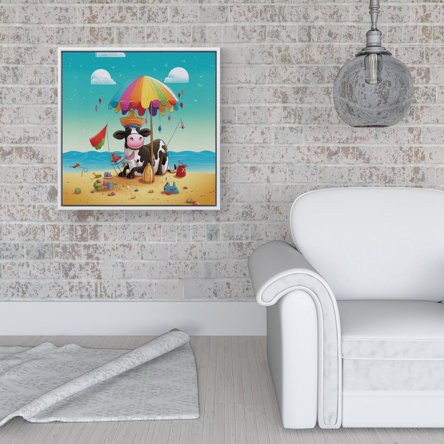 Cow On A Beach Holiday Framed Canvas