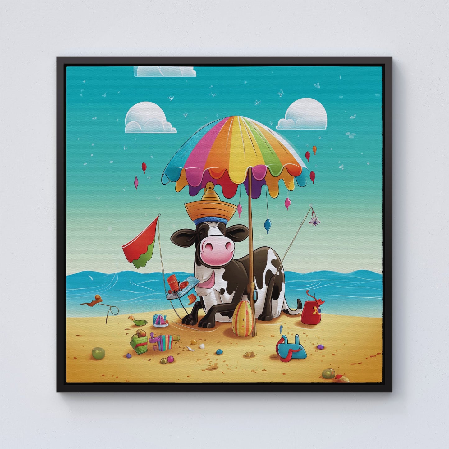 Cow On A Beach Holiday Framed Canvas