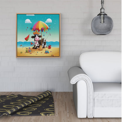Cow On A Beach Holiday Framed Canvas