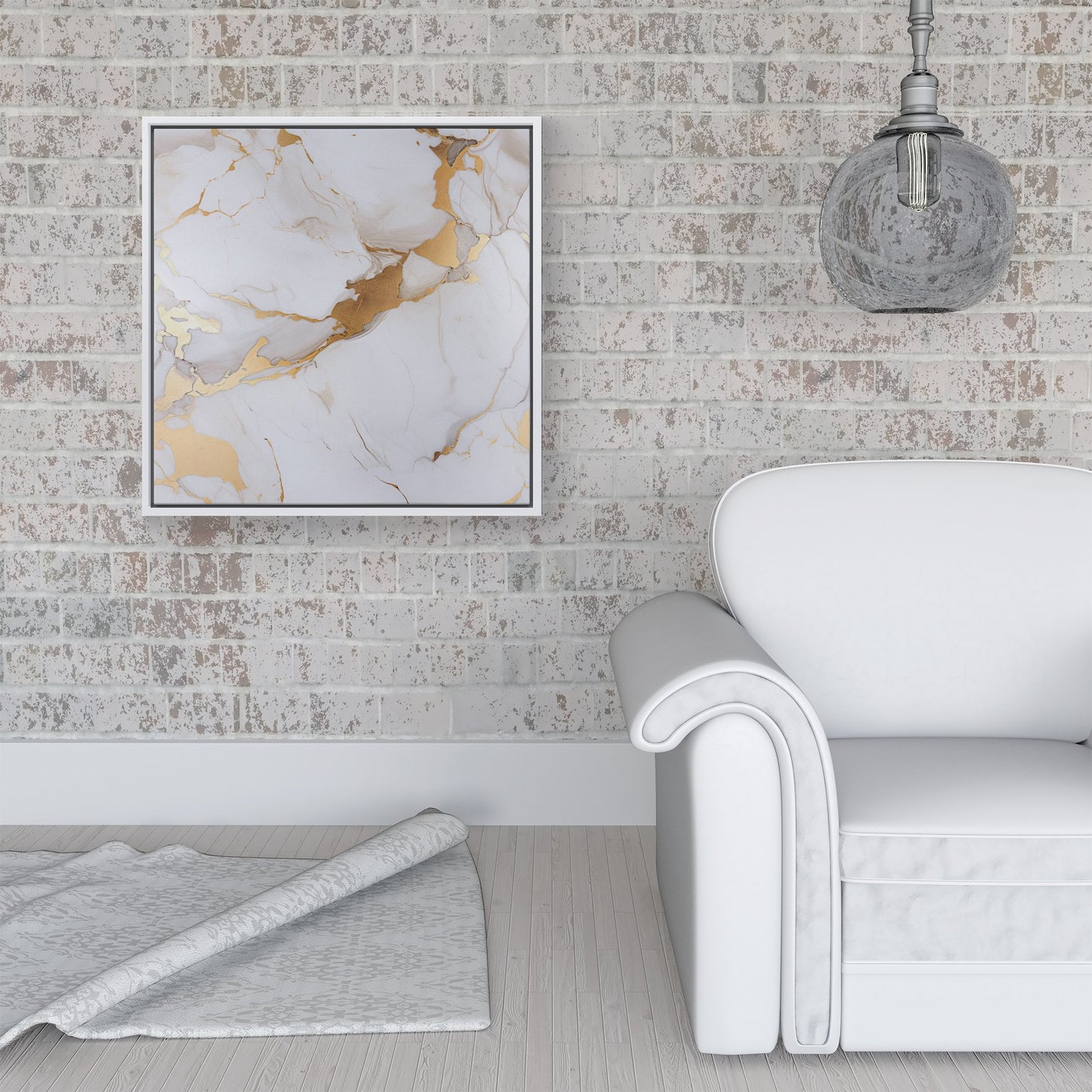 White Marble With Gold Framed Canvas