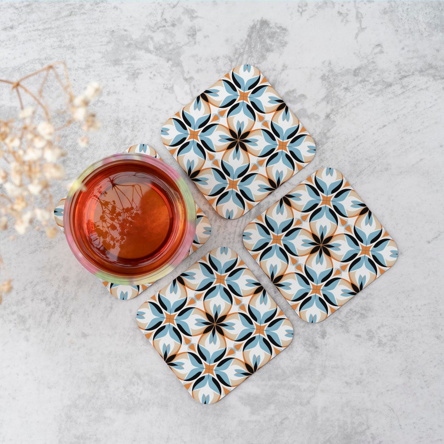 White Brown and Blue Geometric Pattern Coasters