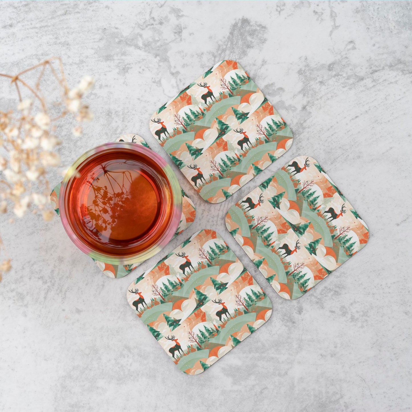 Reindeer On A Snowy Landscape Pattern Coasters