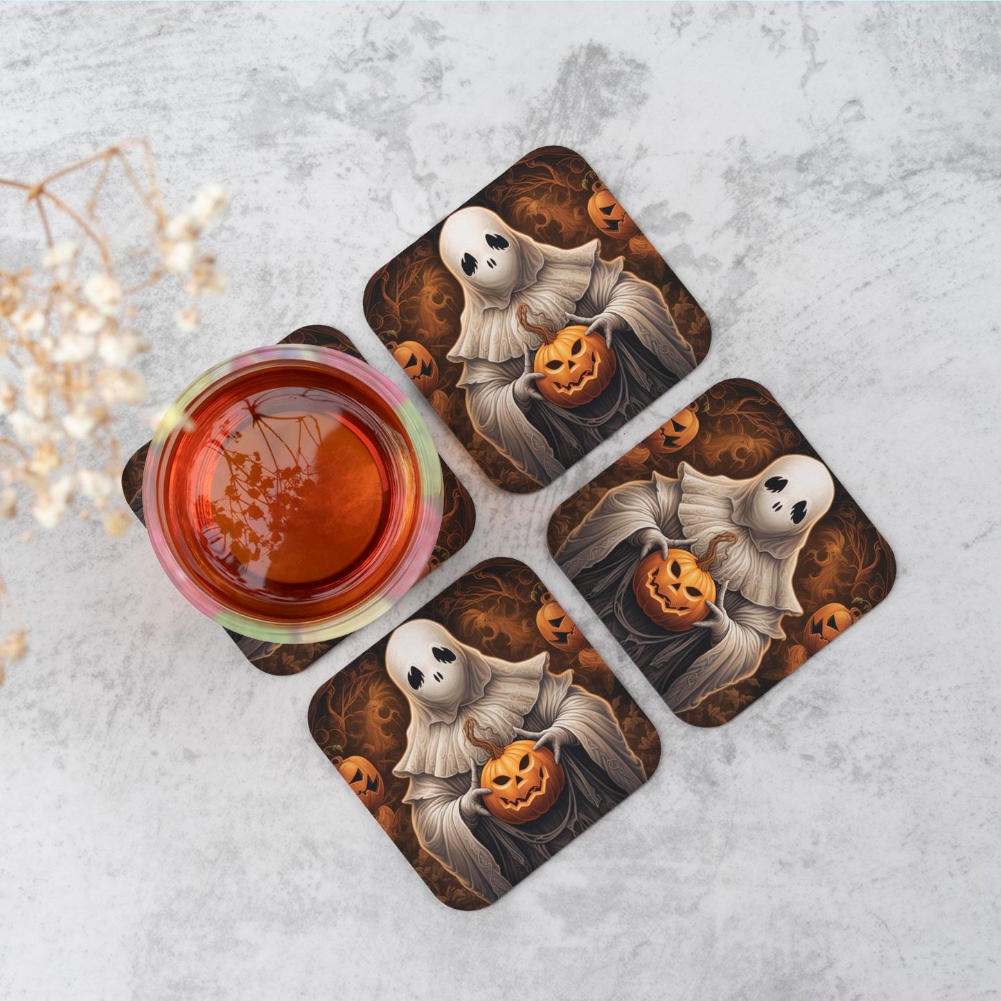 Spooky White Ghost Holding Pumpkin Coasters