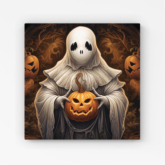 Spooky White Ghost Holding Pumpkin Canvas