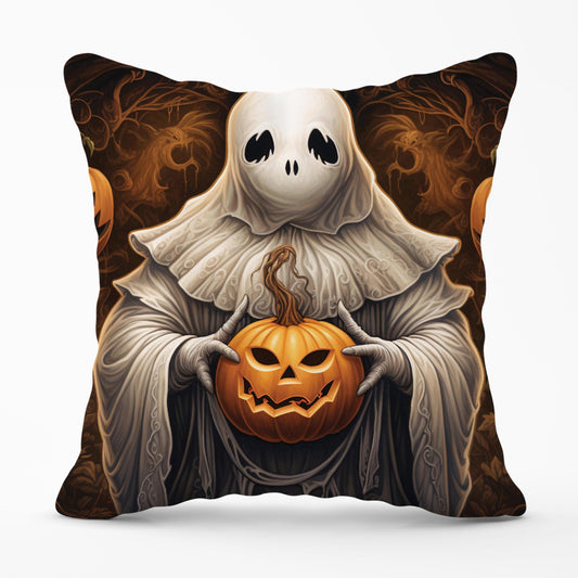 Spooky White Ghost Holding Pumpkin Outdoor Cushion