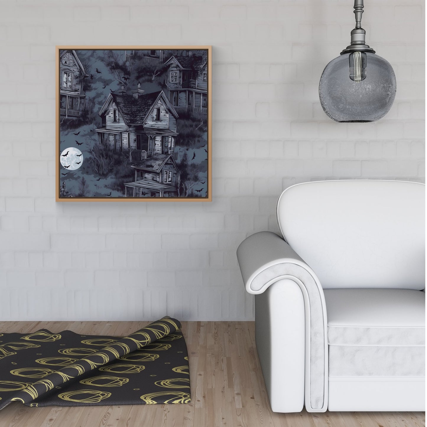 Spooky Shadowy Haunted House Framed Canvas