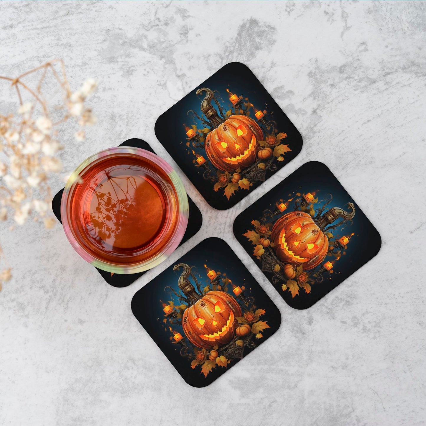Spooy Pumpkin With Leaves And Small Candles Coasters